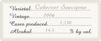 Varietal: Cabernet Sauvignon; Vintage: 2006; Cases Produced: 1,230; Alcohol: 14.5% by vol.